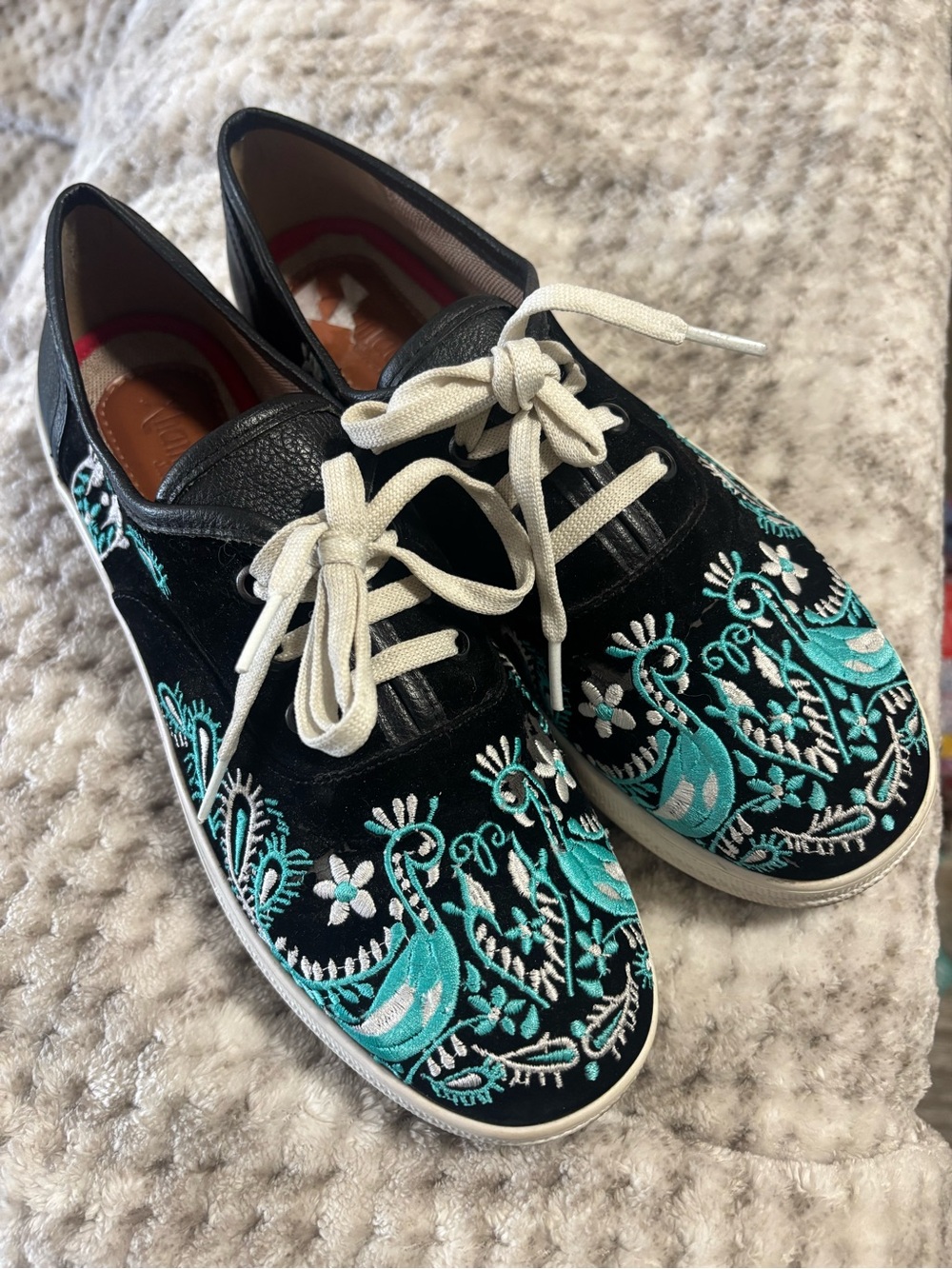 Black Velvet Lace-Up Sneakers with Teal Floral Embroidery